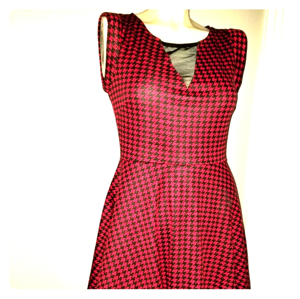 Black and red houndstooth fit and flare dress